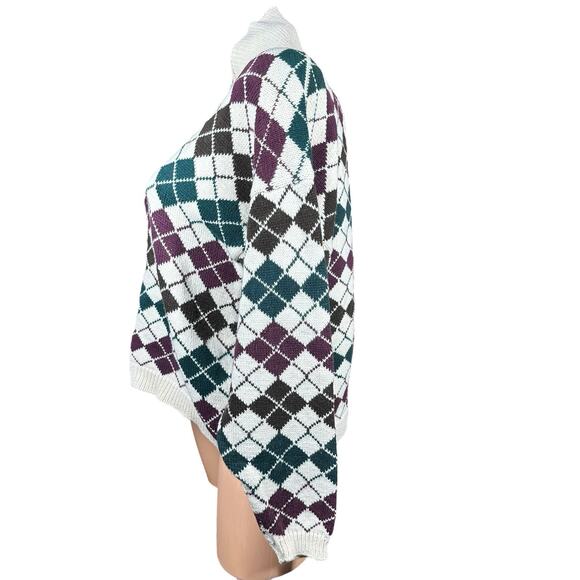 Vtg Alcott & Andrews Shawl Collar Womens L Argyle Sweater Warm 80s White Green - Picture 3 of 6